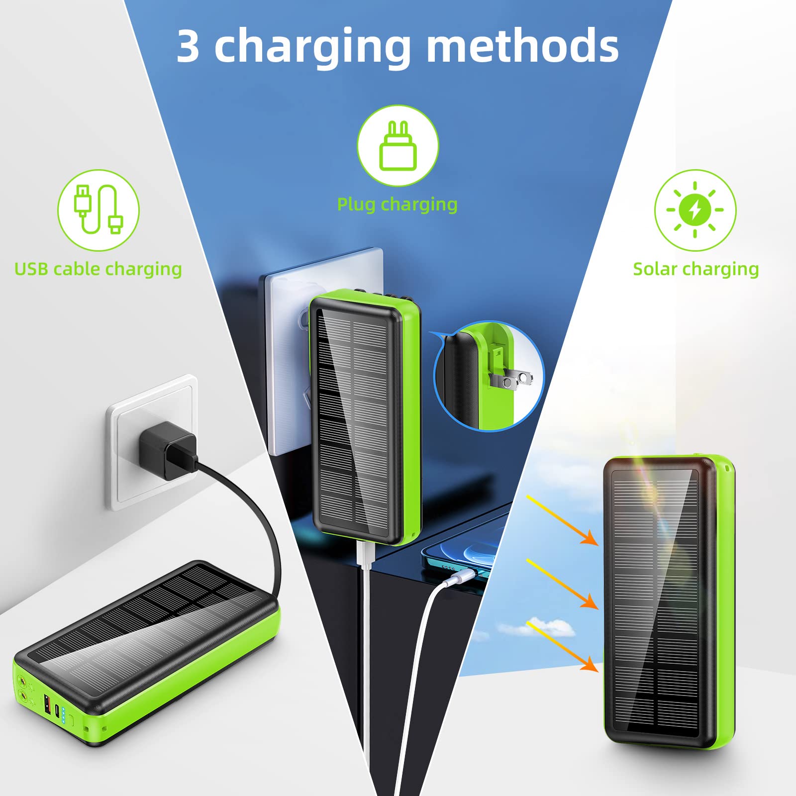 boogostore Portable Charger with Built in Cable and Wall Plug 30000mAh 22.5W Fast Charging Solar Power Bank with 5 Output & 2 Input Dual LED Flashlights Phone Holder External Battery Pack (Green)