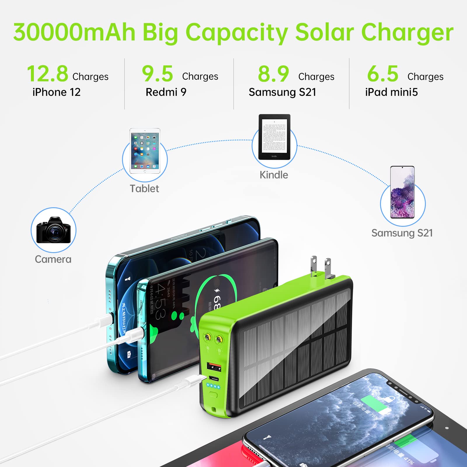 boogostore Portable Charger with Built in Cable and Wall Plug 30000mAh 22.5W Fast Charging Solar Power Bank with 5 Output & 2 Input Dual LED Flashlights Phone Holder External Battery Pack (Green)