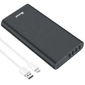 bonai portable charger 20000mah power bank 4 usb output & dual input, aluminum polymer external battery pack for road trip camping compatible with iphone ipad samsung smartphone tablet etc. - black