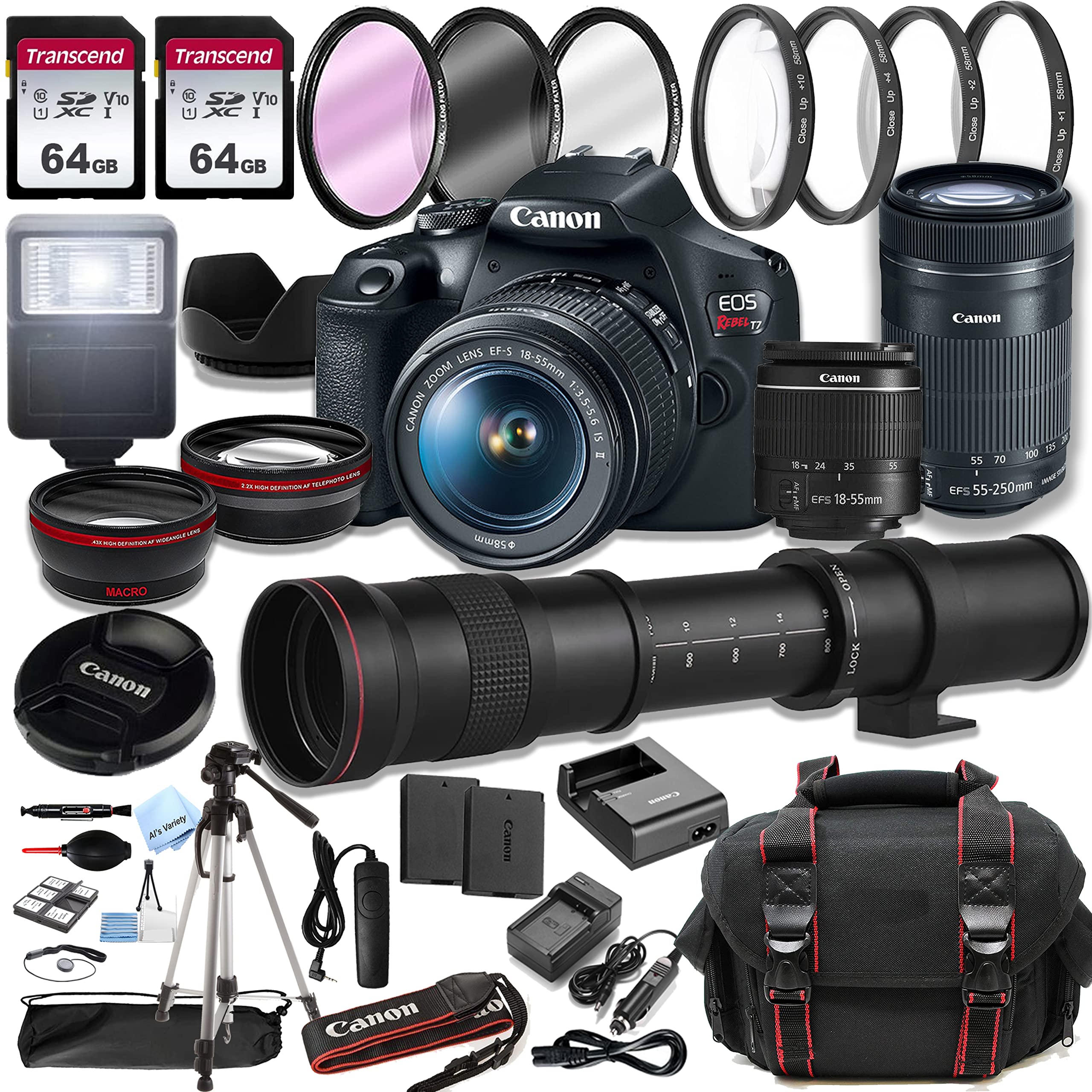 Canon EOS Rebel T7 DSLR Camera w/EF-S 18-55mm F/3.5-5.6 Zoom Lens + 55-250mm f/4-5.6 is STM Lens + 420-800mm Super Telephoto Lens + 128GB Memory + Case + Tripod + Filters (42pc Pro-Bundle)