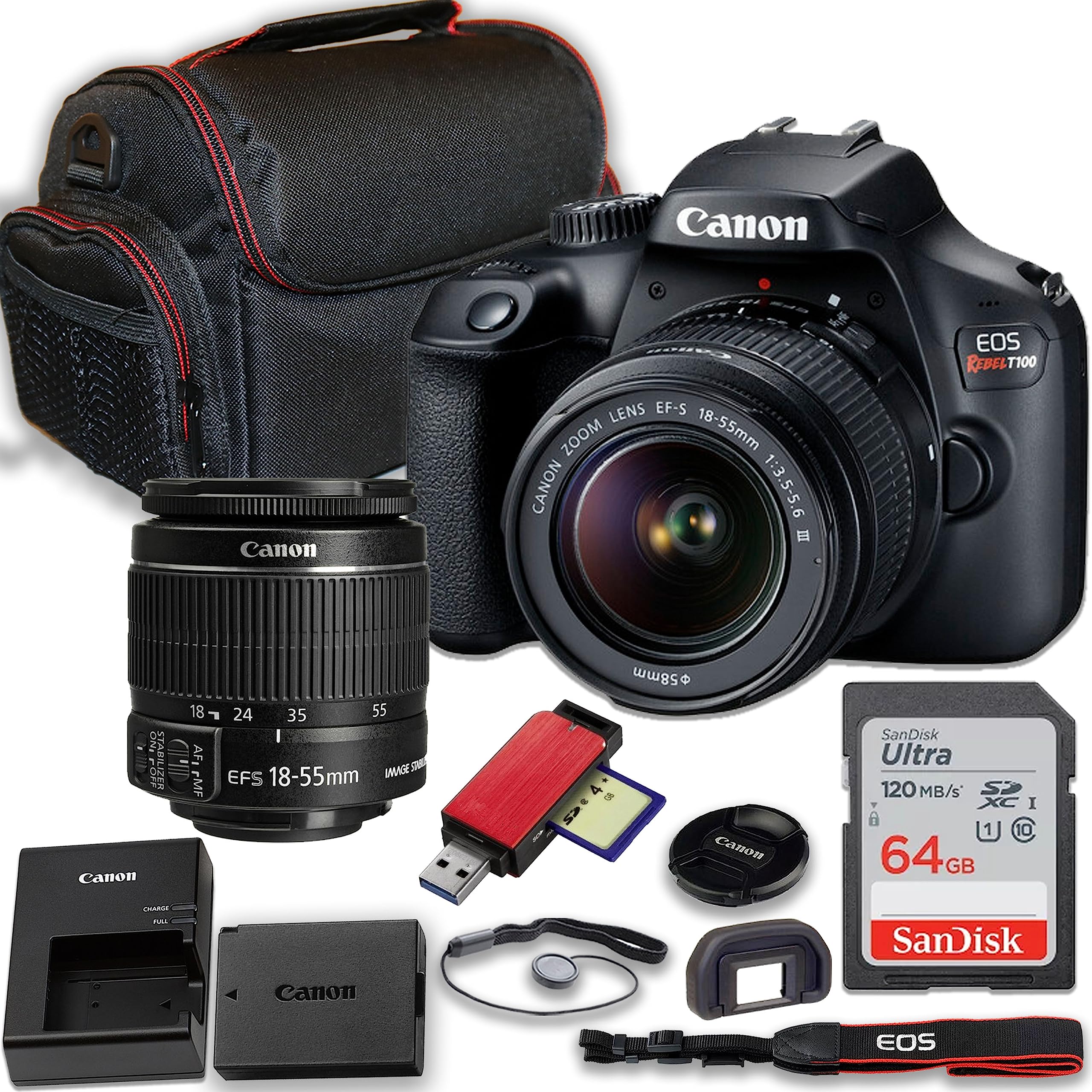 Canon EOS Rebel T100 DSLR Camera with EF-S 18-55mm f/3.5-5.6 III Lens + 64GB Memory Card + Case, Card Reader & More (Renewed)