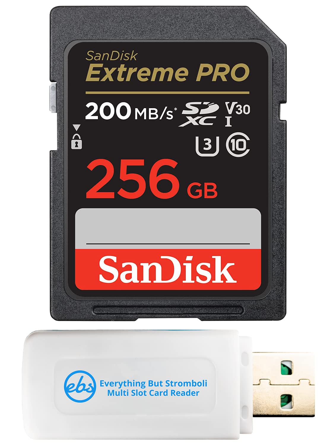 SanDisk 256GB SDXC Extreme Pro Memory Card Works with Canon Mirrorless Camera EOS R50, EOS R8 (SDSDXXY-256G-GN4IN) V30 4k Class 10 UHS-I Bundle with 1 Everything But Stromboli MicroSD & SD Card Reader