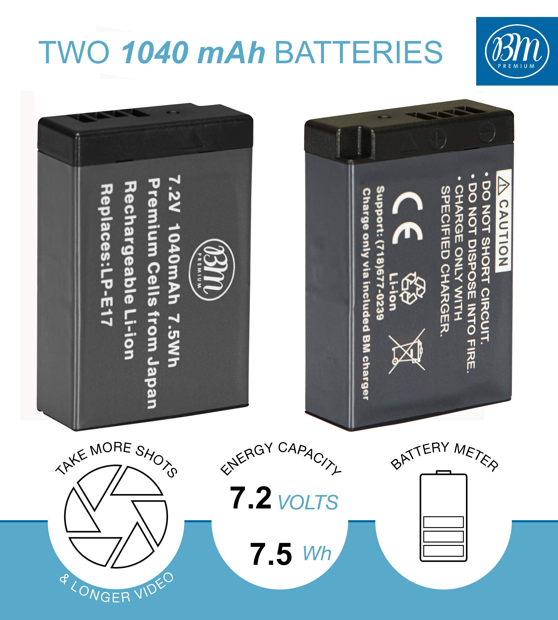 BM Premium LP-E17 Battery and Charger for Canon Rebel EOS R8, EOS R10, EOS R50, EOS R100, EOS RP, EOS M3, EOS M5, EOS M6, EOS M6 II, SL2, SL3, T6i, T6s, T7i, T8i, EOS 750D, EOS 760D, EOS 8000D