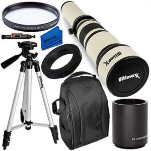 ultimaxx 650-1300mm (w/ 2x converter 1300-2600mm) telephoto zoom lens kit for eos rebel t3, t3i, t4i, t5, t5i, t6, t7 t6i, t6s, t7i, t8i, sl1, sl2, sl3, eos 60d, 70d, 77d, 80d, 90d, 5d iii, 5d iv, 6d