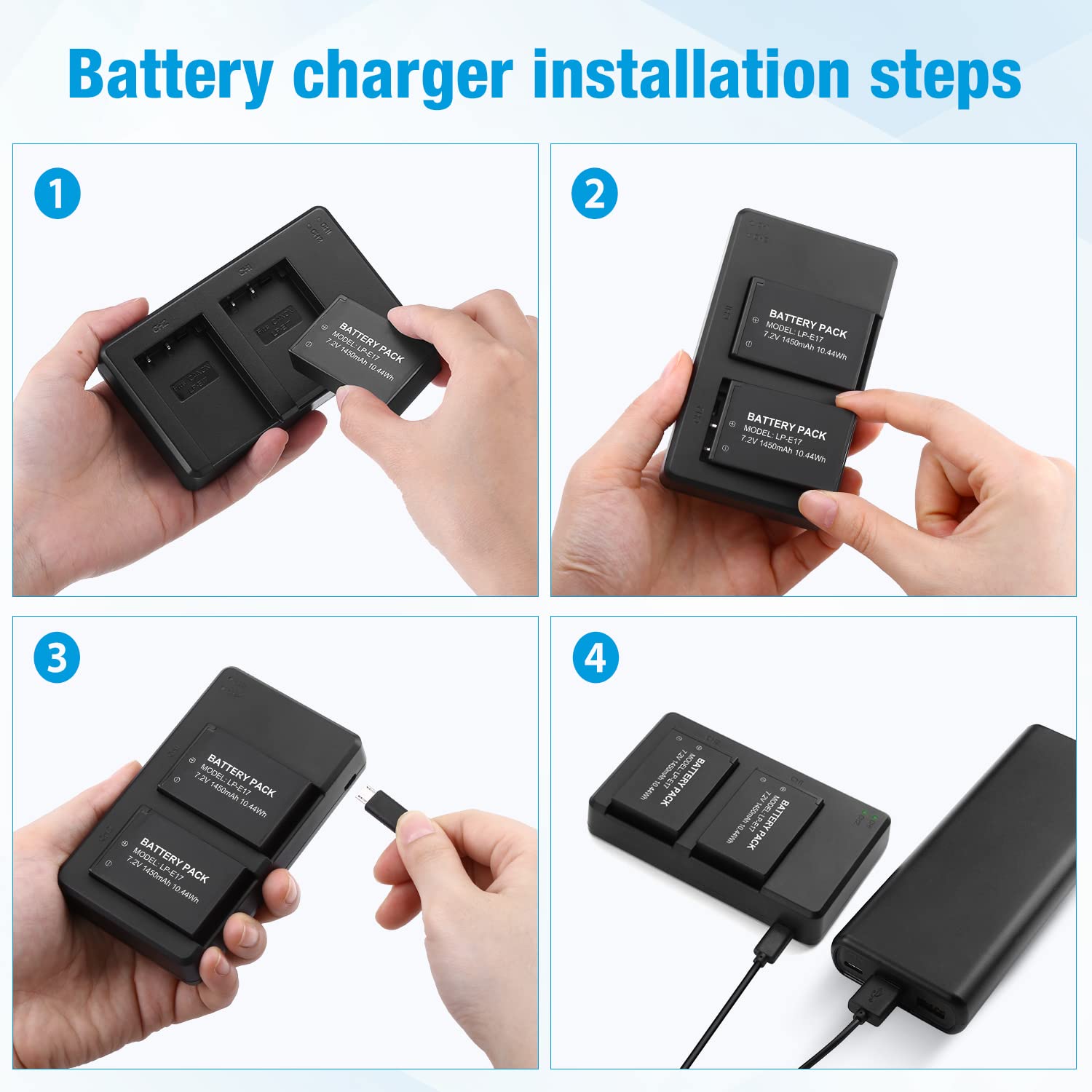 Powerextra LP-E17 Battery 1450mAh and Rapid Dual USB Charger for Canon Eos RP, Eos R10,Rebel T8i, T7i, T6i, T6s, SL2, SL3, EOS M3, M5, M6, EOS 200D, 77D, 750D, 760D, 800D, Digital SLR Camera