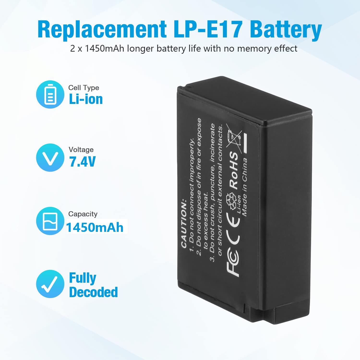 Powerextra LP-E17 Battery 1450mAh and Rapid Dual USB Charger for Canon Eos RP, Eos R10,Rebel T8i, T7i, T6i, T6s, SL2, SL3, EOS M3, M5, M6, EOS 200D, 77D, 750D, 760D, 800D, Digital SLR Camera