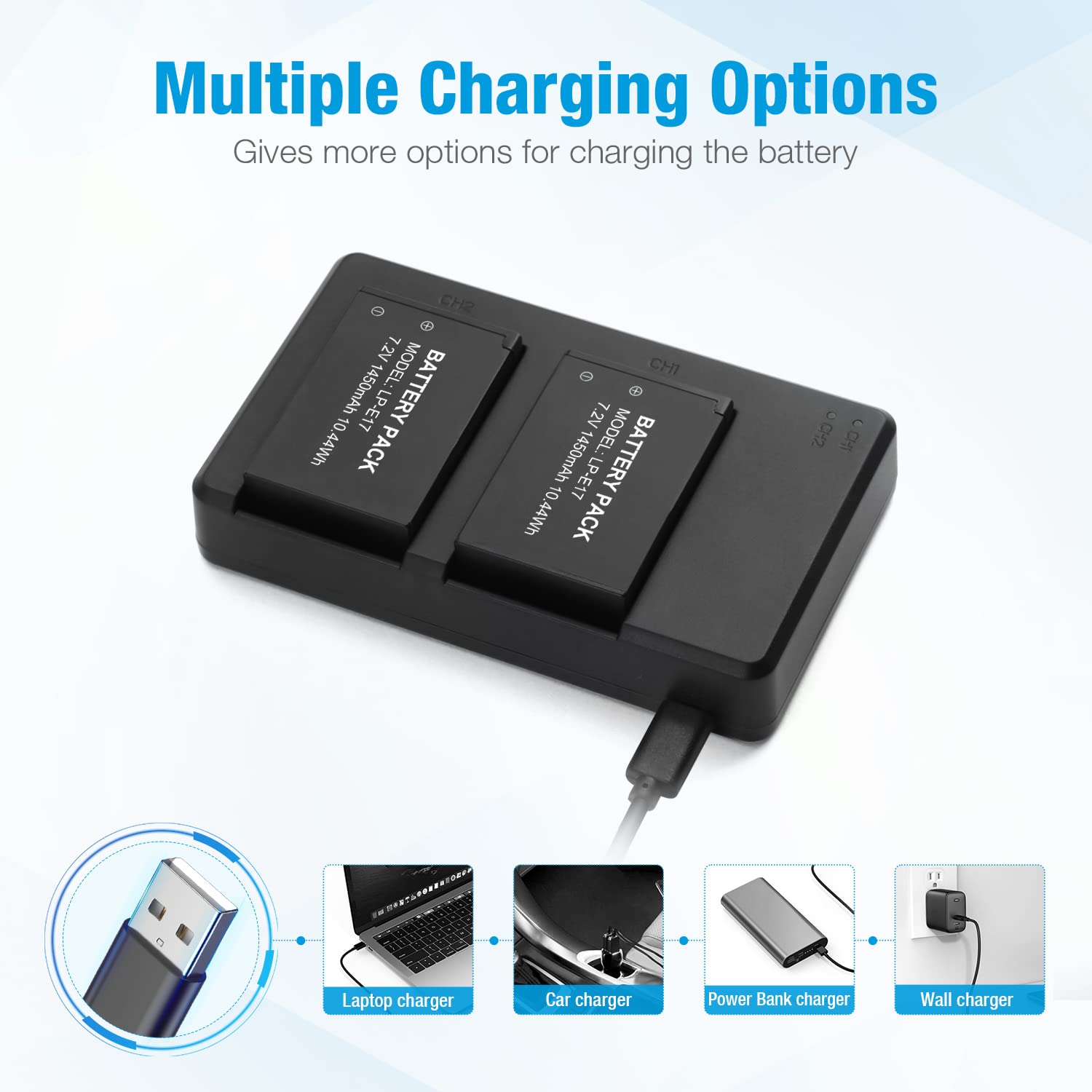 Powerextra LP-E17 Battery 1450mAh and Rapid Dual USB Charger for Canon Eos RP, Eos R10,Rebel T8i, T7i, T6i, T6s, SL2, SL3, EOS M3, M5, M6, EOS 200D, 77D, 750D, 760D, 800D, Digital SLR Camera