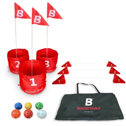 bucketgolf Game 3 Hole Starter Set - New Outdoor Yard Golf Game Levels Family, Adults, Kids, Party, Lawn, Camping, Beach