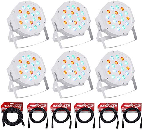 (6) Rockville RockPAR50 LED RGB Compact Par Can DJ/Club/Stage DMX Wash Light - White Bundle with (1) RDX3M25 25 Foot 3 Pin DMX Lighting Cable, (5) RDX3M10 10 Foot 3 Pin DMX Lighting Cable (12 Items)