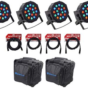 (4) Rockville LED RGB Par Can Wash Light + Dual Bracket Bundle: (2) Wash Lights, (1) Universal Travel Bag, (1) 25ft 3 Pin DMX Lighting Cable, (3) 10ft 3 Pin DMX Lighting Cables (10 Items)