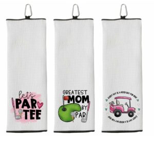 set of 3 golf towels - let's par tee - greatest mom by par - every day is a good day for golf - tri-fold 100% microfiber waffle weave with clip