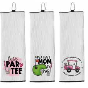 Set of 3 Golf Towels - Let's Par Tee - Greatest Mom by Par - Every Day Is a Good Day for Golf - Tri-fold 100% Microfiber Waffle Weave with Clip