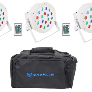 (3) Rockville BATTERY PAR 50 White Rechargeable LED DMX DJ Wash Up-Lights+Bag