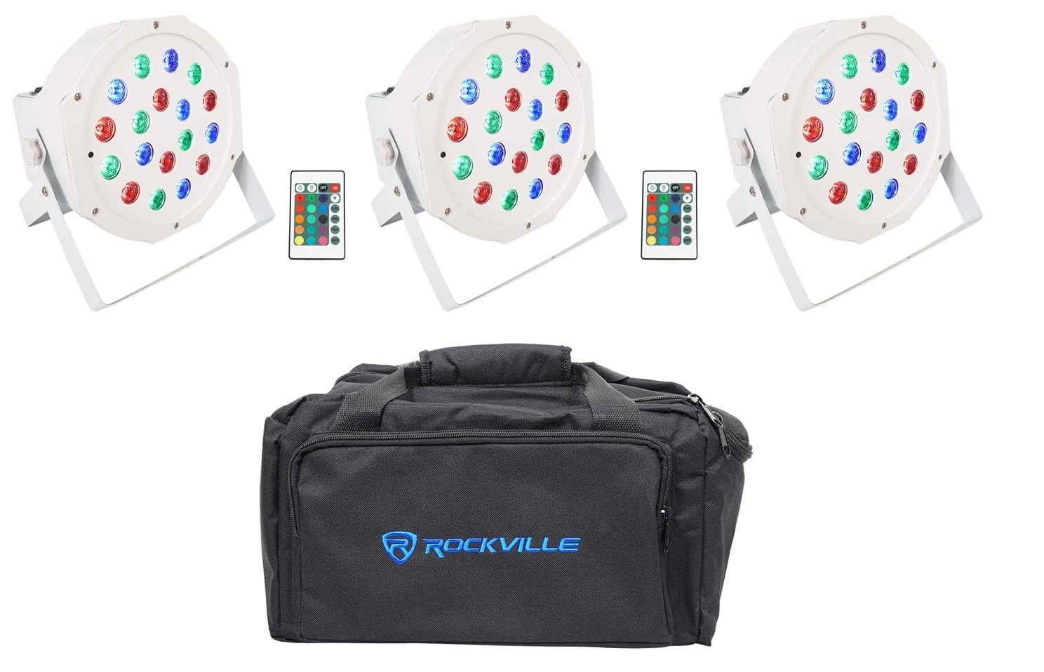 (3) Rockville BATTERY PAR 50 White Rechargeable LED DMX DJ Wash Up-Lights+Bag