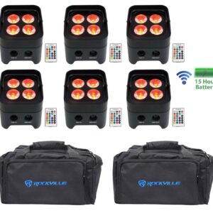 (6) Rockville BEST PAR 50 Rechargeable Par Wash Lights Wireless DMX+RGBWA+UV+Bag