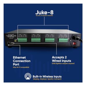 Juke-8: 8 Zone Multi-Room Amplifier | Stream Wirelessly via Airplay 2, Spotify Connect, Bluetooth, DLNA | App Controlled Audio System