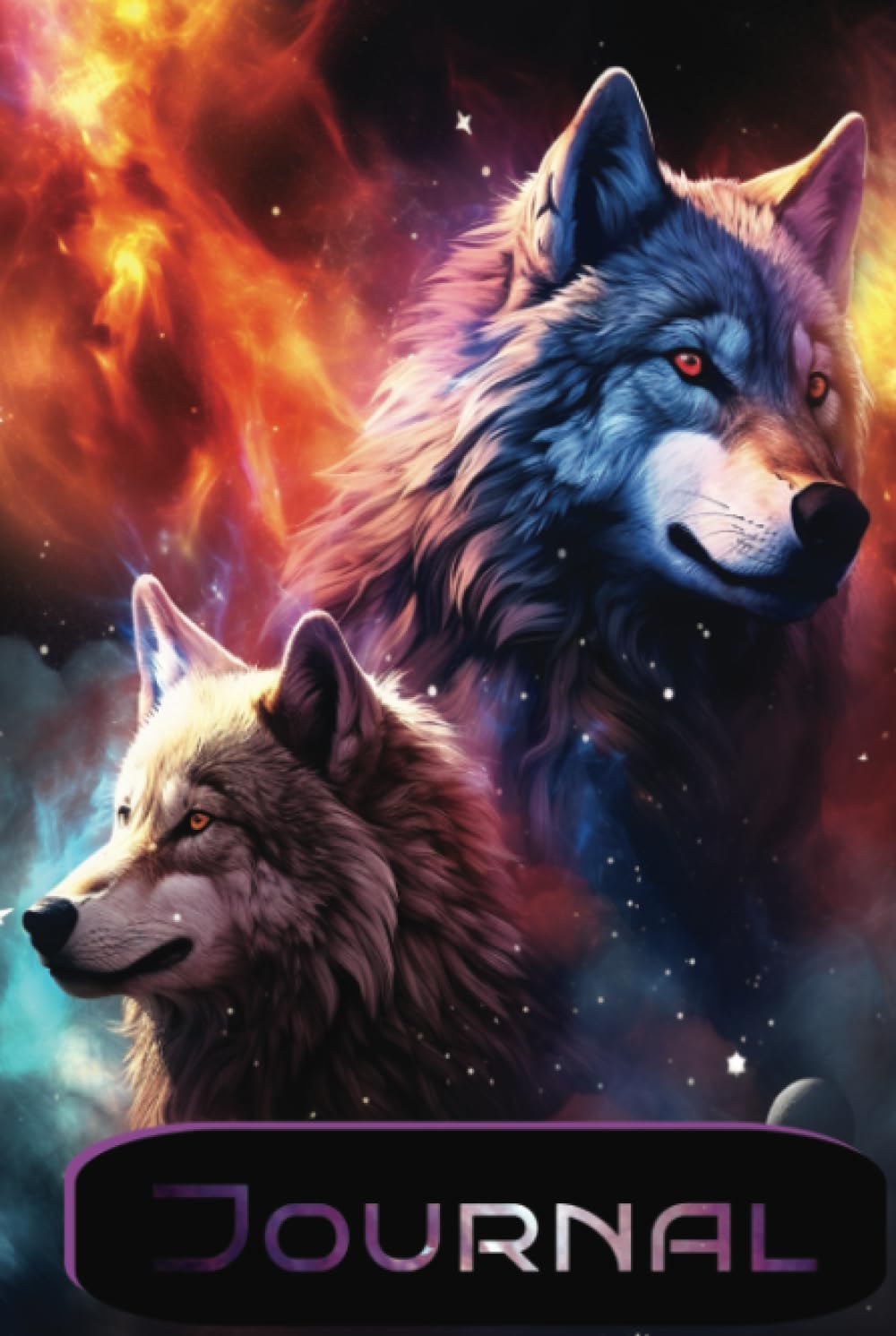 Notebook: Two Wolves Inside a Nebula, 100 Kawaii Art Style Pages, 6x9 in., Ideal for Mom, Kids, Chefs, Space Nerds and Animal Lovers