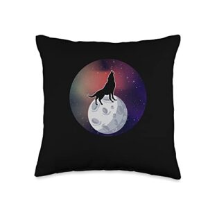 Cosmic Wolf Howling Moon Space Wolves Watercolor Cosmic Wolf Howling Moon Space Arctic Wolves Watercolor Throw Pillow, 16x16, Multicolor