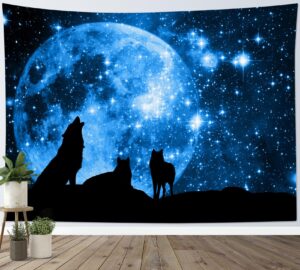 hvest wolf tapestry wall hanging full moon in blue space tapestries wild animal wolves wall decor blanket for kids bedroom living room dorm party, 60wx40h inches