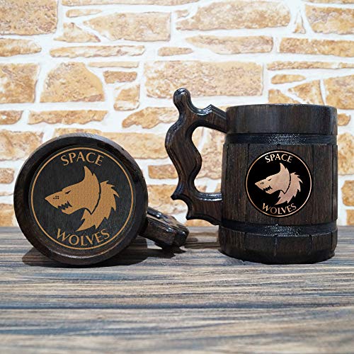 Space Wolves Beer Mug, 22 oz, Wooden Beer Stein, 40K Gamer Gift, Personalized Beer Tankard, Custom Gift for Men, Gift for Him