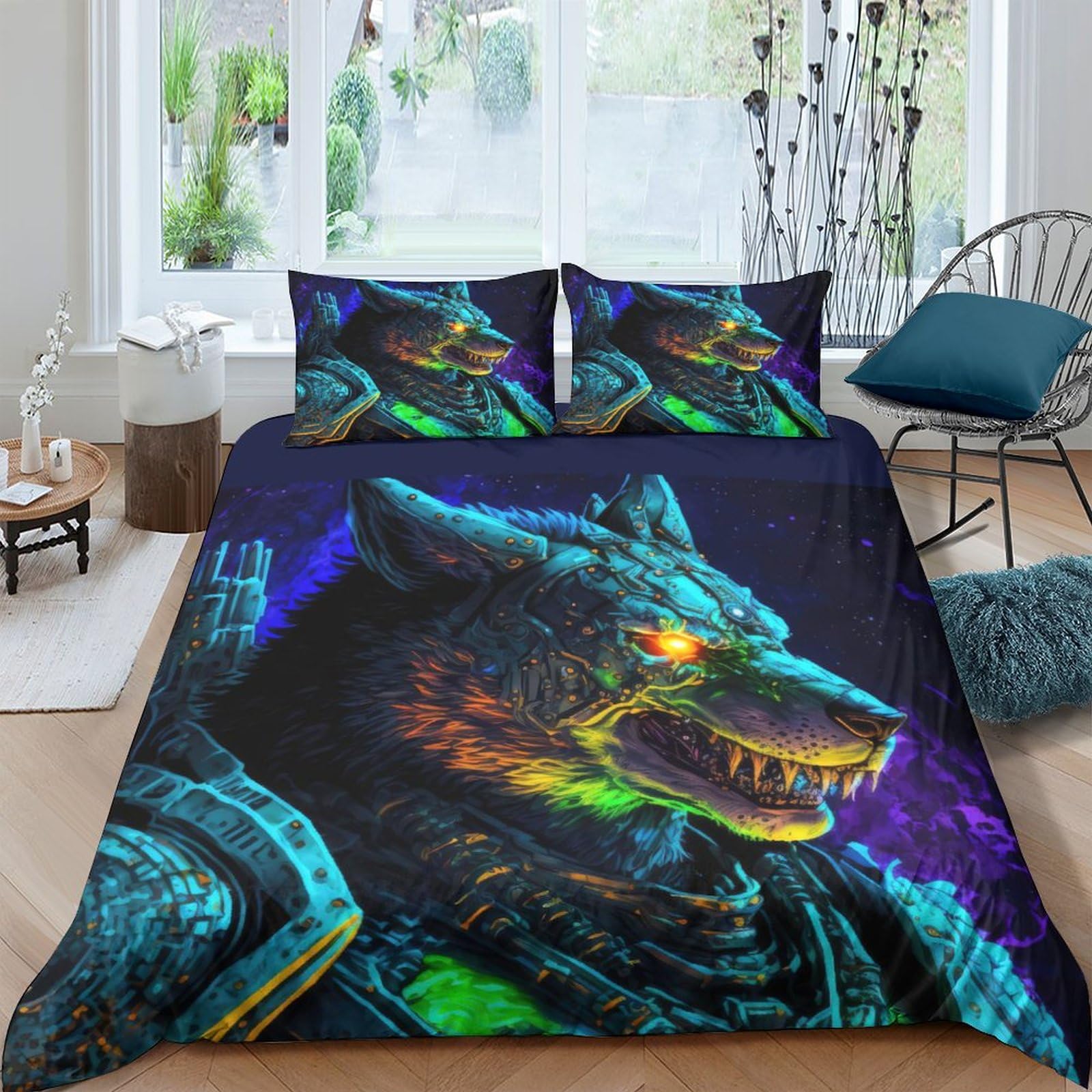 Cosmic Space Wolves Bedding Set Comforter Covers 3D Printed Quilt Cover Duvet Cover with Pillowcases for Childrens and Adults 3 Pieces Microfiber with Zipper Closure Queen（228x228cm）