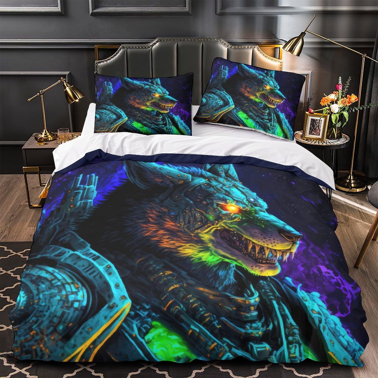 Cosmic Space Wolves Bedding Set Comforter Covers 3D Printed Quilt Cover Duvet Cover with Pillowcases for Childrens and Adults 3 Pieces Microfiber with Zipper Closure Queen（228x228cm）