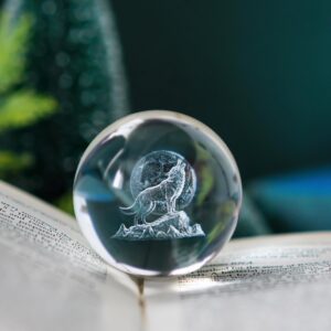 ZEERSHEE 3D Crystal Wolf Figurines Wolf Gifts for Man Women 60mm Glass Laser Ball Paperweight with Stand Howling Wolf with Moon Statue Etched Glass Wolf Decor for Home