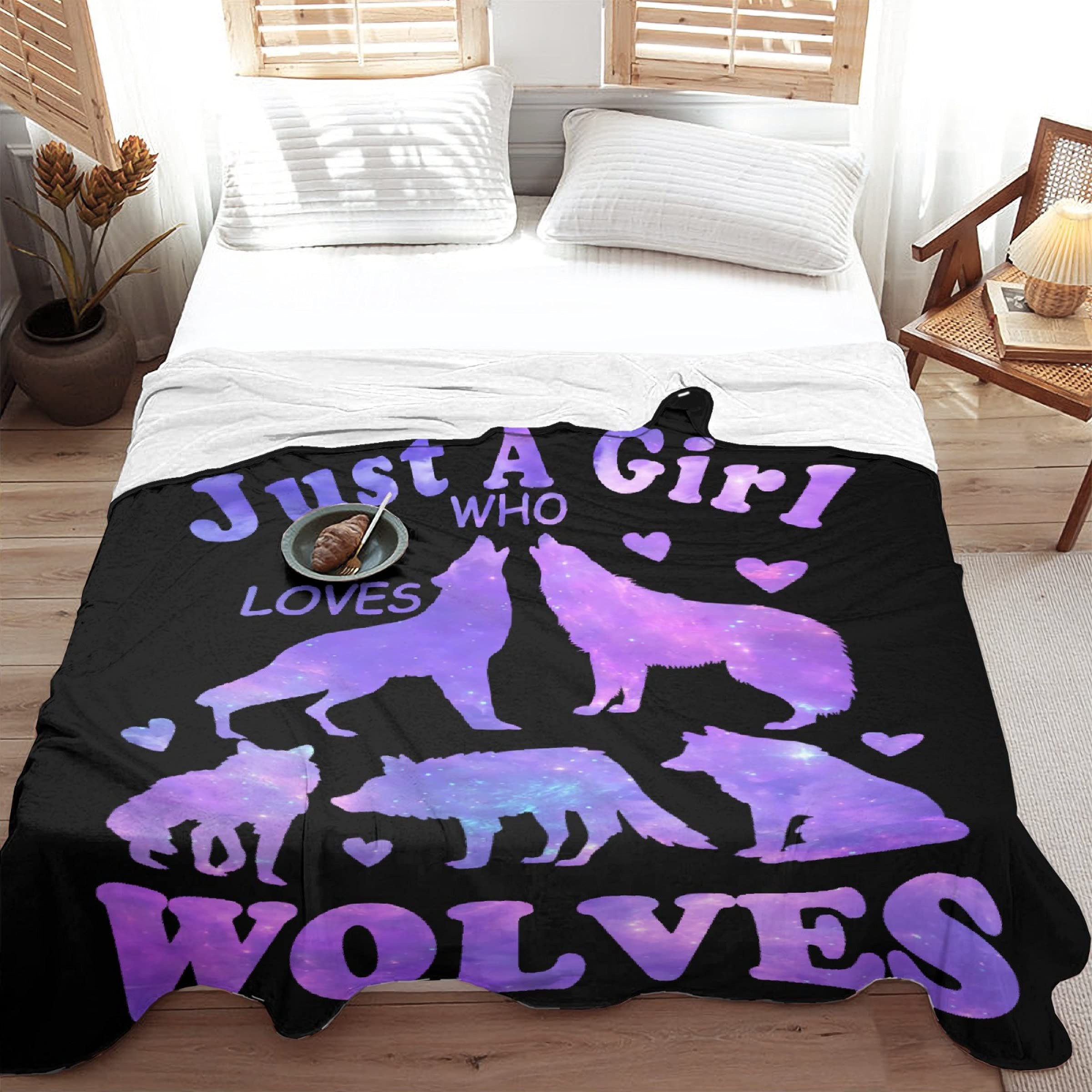 Wolf Blanket Stuffed Just Girl Who Loves Wolves Plush Gift for Kid Women Toddler Fleece Throw Cute Purple Animal Lover Lightweight Sheet Super Soft Flannel Blankets Decor Bed Chair Sofa-50"x40" Small