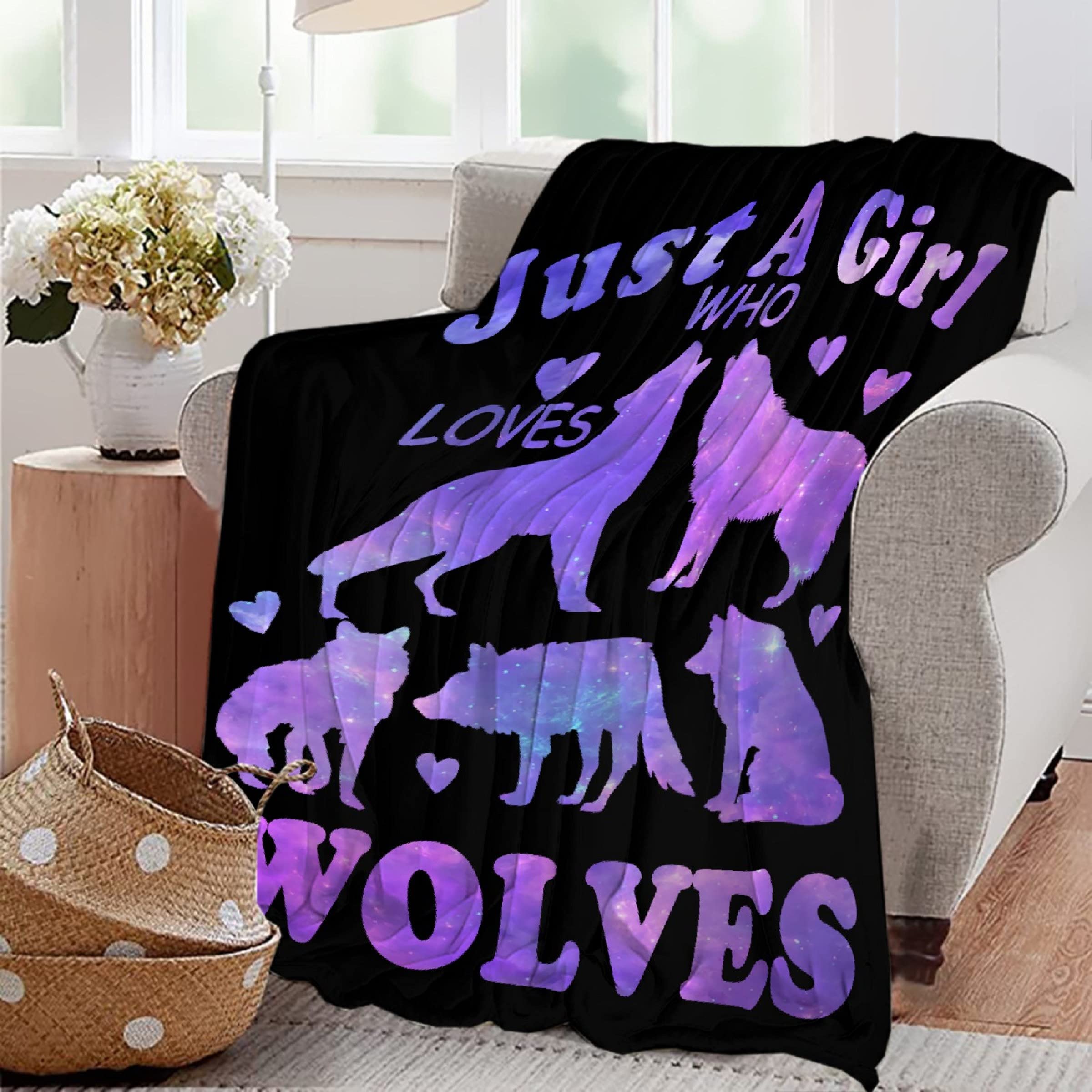 Wolf Blanket Stuffed Just Girl Who Loves Wolves Plush Gift for Kid Women Toddler Fleece Throw Cute Purple Animal Lover Lightweight Sheet Super Soft Flannel Blankets Decor Bed Chair Sofa-50"x40" Small