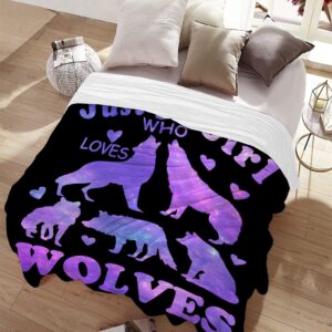 Wolf Blanket Stuffed Just Girl Who Loves Wolves Plush Gift for Kid Women Toddler Fleece Throw Cute Purple Animal Lover Lightweight Sheet Super Soft Flannel Blankets Decor Bed Chair Sofa-50"x40" Small