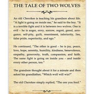 Motivational Wall Art Office Decor for Men & Women: "The Tale of Two Wolves" Literary 8x10 Inspirational, Motivational Poster & Positive Affirmations Wall Decor for Kids