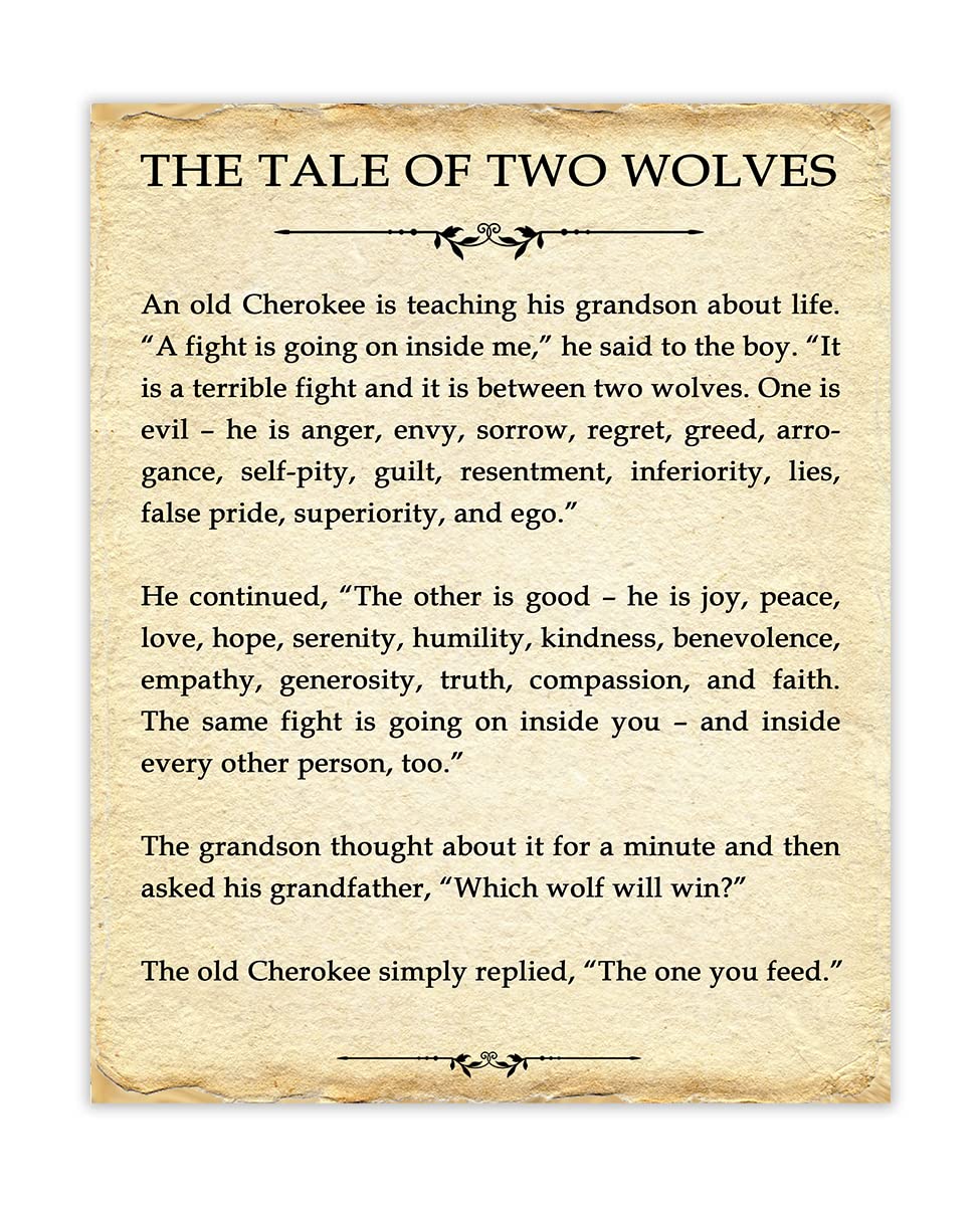 Motivational Wall Art Office Decor for Men & Women: "The Tale of Two Wolves" Literary 8x10 Inspirational, Motivational Poster & Positive Affirmations Wall Decor for Kids