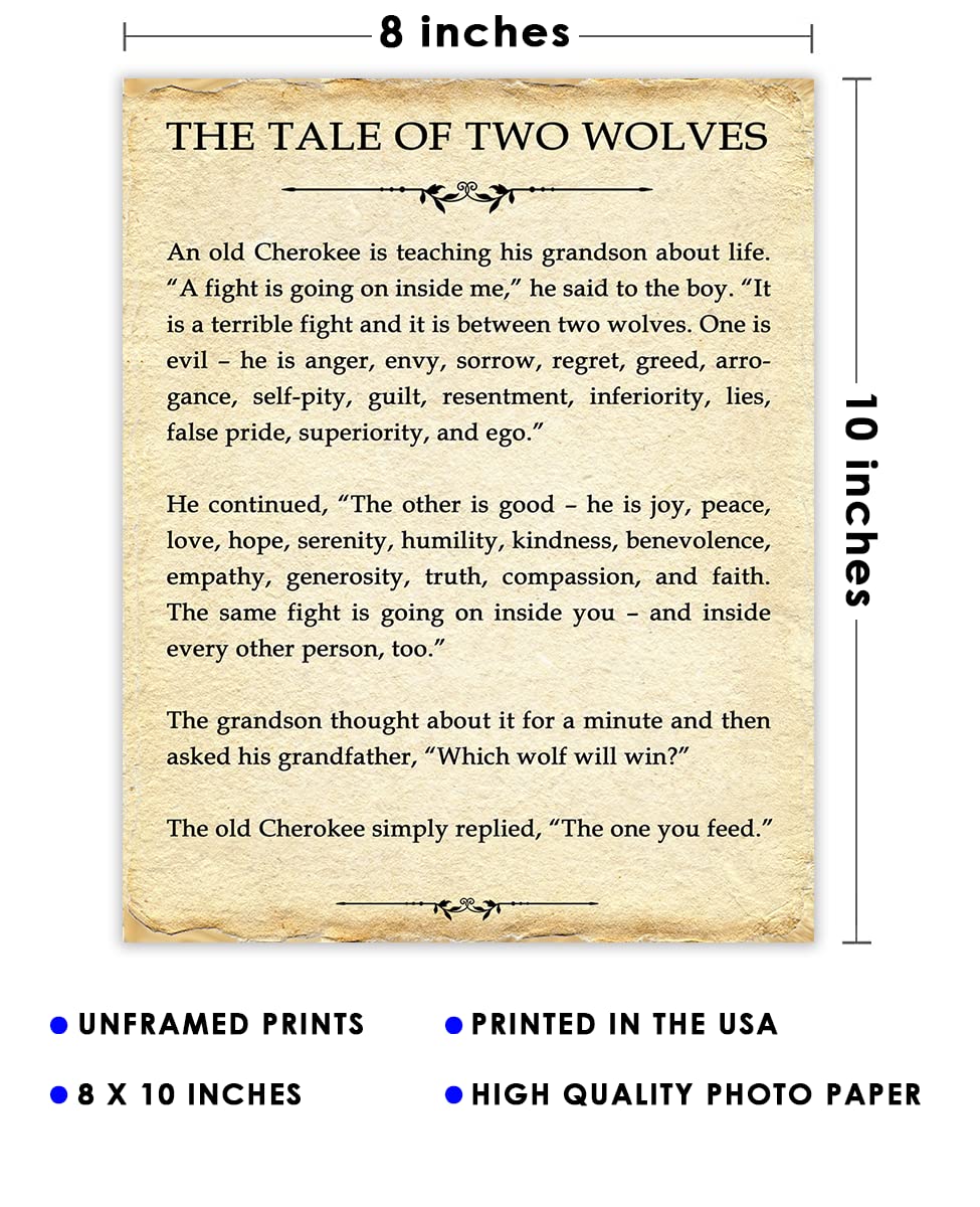 Motivational Wall Art Office Decor for Men & Women: "The Tale of Two Wolves" Literary 8x10 Inspirational, Motivational Poster & Positive Affirmations Wall Decor for Kids