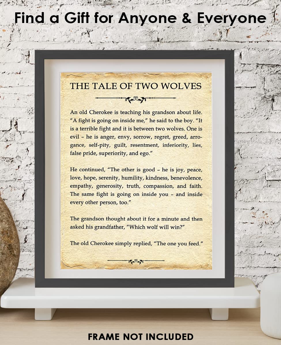 Motivational Wall Art Office Decor for Men & Women: "The Tale of Two Wolves" Literary 8x10 Inspirational, Motivational Poster & Positive Affirmations Wall Decor for Kids