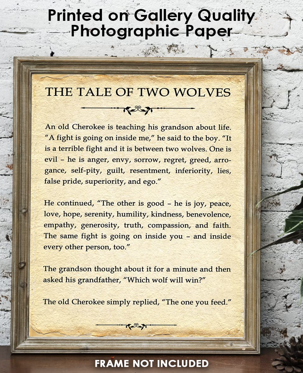 Motivational Wall Art Office Decor for Men & Women: "The Tale of Two Wolves" Literary 8x10 Inspirational, Motivational Poster & Positive Affirmations Wall Decor for Kids