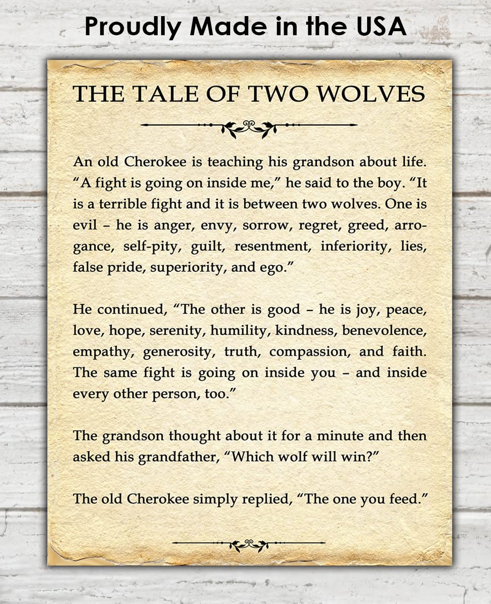 Motivational Wall Art Office Decor for Men & Women: "The Tale of Two Wolves" Literary 8x10 Inspirational, Motivational Poster & Positive Affirmations Wall Decor for Kids