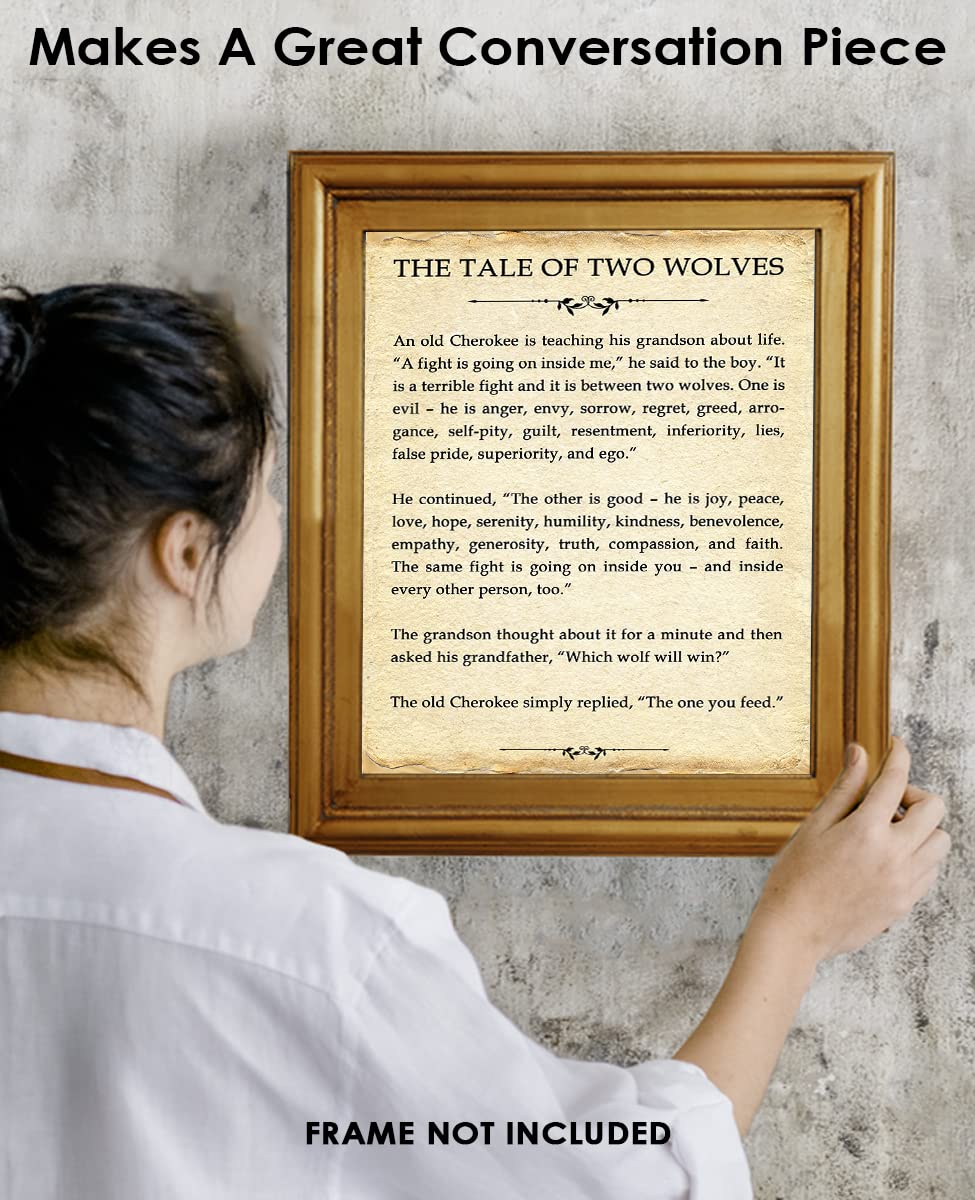 Motivational Wall Art Office Decor for Men & Women: "The Tale of Two Wolves" Literary 8x10 Inspirational, Motivational Poster & Positive Affirmations Wall Decor for Kids