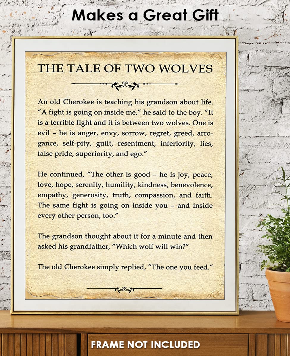 Motivational Wall Art Office Decor for Men & Women: "The Tale of Two Wolves" Literary 8x10 Inspirational, Motivational Poster & Positive Affirmations Wall Decor for Kids