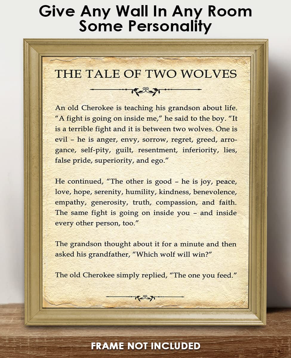 Motivational Wall Art Office Decor for Men & Women: "The Tale of Two Wolves" Literary 8x10 Inspirational, Motivational Poster & Positive Affirmations Wall Decor for Kids