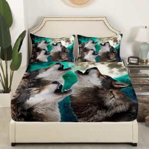 Erosebridal Wolf Bedding Sets Moon Stars Fitted Sheet Safari Animals Bed Sheets for Kids Boys Girls Adults Nebula Marble Galaxy Space Wolves Top Flat Sheet with 2 Pillow Cases Bedroom Decor Full