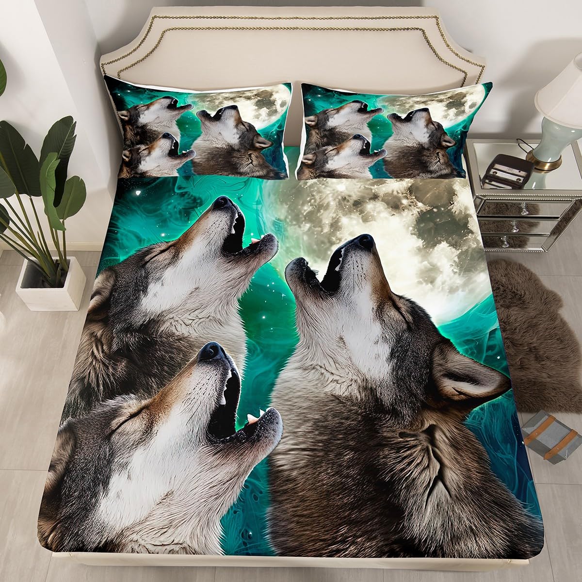 Erosebridal Wolf Bedding Sets Moon Stars Fitted Sheet Safari Animals Bed Sheets for Kids Boys Girls Adults Nebula Marble Galaxy Space Wolves Top Flat Sheet with 2 Pillow Cases Bedroom Decor Full