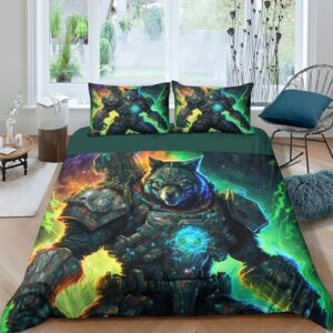 Cosmic Space Wolves 3D Printed Duvet Cover Quilt Cover Bedding Set Comforter Covers for Childrens and Adults with Pillowcases 3 Pieces Microfiber with Zipper Closure Twin（173x218cm）