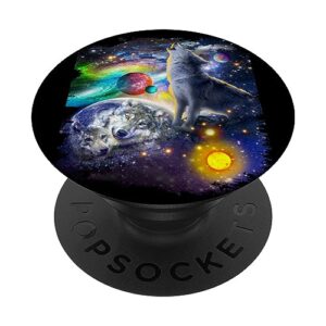 cosmic space wolf, wolves family howling, reflections popsockets standard popgrip