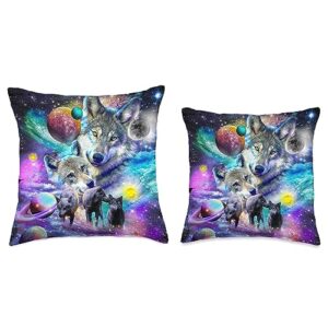 Random Galaxy Cosmic Space Wolf, Wolves Family, Galactic Howl Throw Pillow, 18x18, Multicolor