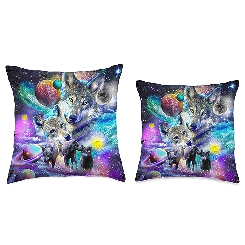 Random Galaxy Cosmic Space Wolf, Wolves Family, Galactic Howl Throw Pillow, 18x18, Multicolor