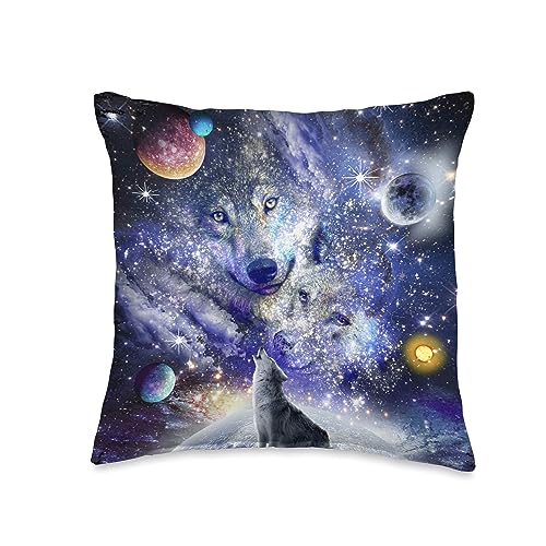 Random Galaxy Cosmic Space Wolf, Wolves Family Howling, Constellation Throw Pillow, 16x16, Multicolor