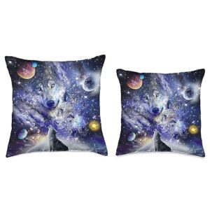 Random Galaxy Cosmic Space Wolf, Wolves Family Howling, Constellation Throw Pillow, 16x16, Multicolor