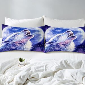 Wolf Bed Sheet Set Galaxy Wolves Howling Kids Fitted Sheet Animal Wolves Bedding Set for Boys Room Decor Mountain Moon Wolf Space Outer Sky Bed Cover Twin with 1 Pillow Case