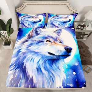 Wolf Bed Sheet Set Galaxy Wolves Howling Kids Fitted Sheet Animal Wolves Bedding Set for Boys Room Decor Mountain Moon Wolf Space Outer Sky Bed Cover Twin with 1 Pillow Case