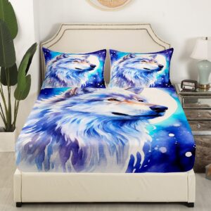 Wolf Bed Sheet Set Galaxy Wolves Howling Kids Fitted Sheet Animal Wolves Bedding Set for Boys Room Decor Mountain Moon Wolf Space Outer Sky Bed Cover Twin with 1 Pillow Case